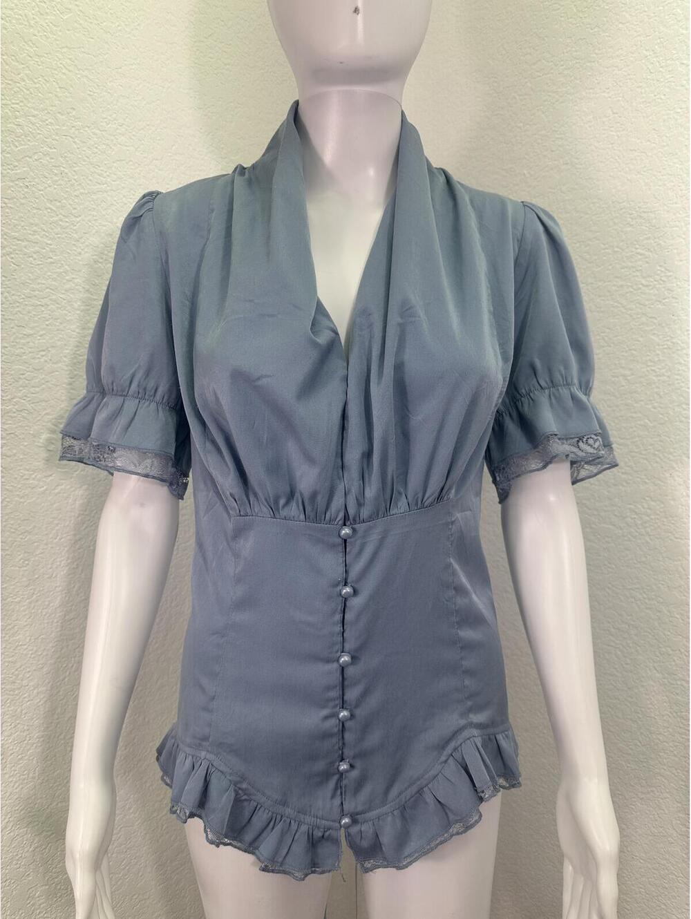 Sz L Blue Fairycore Babydoll Corset Blouse Scarlet Darkness Goth